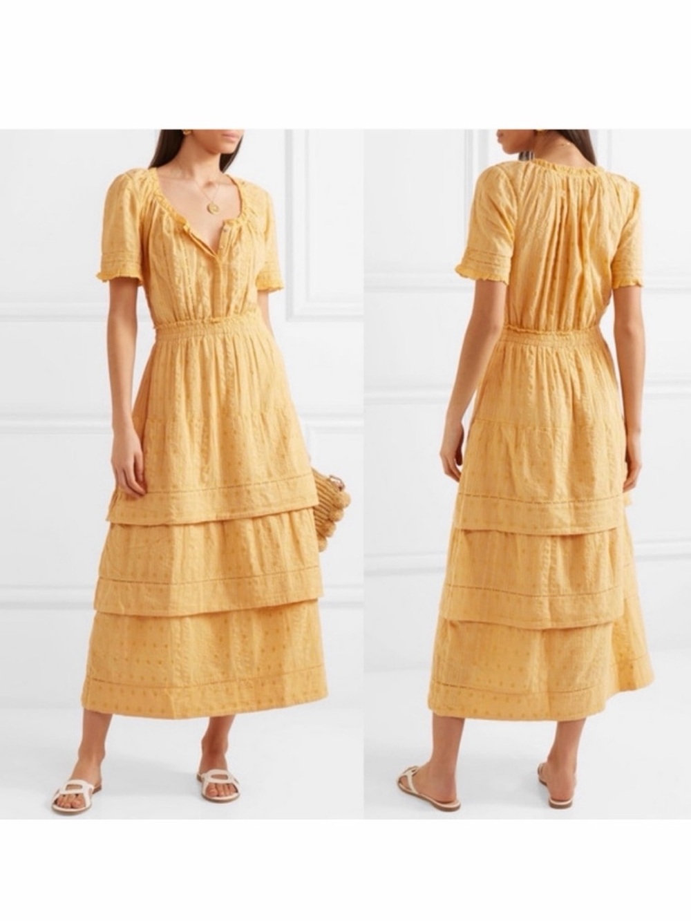 LoveShackFancy XS Sunflower Yellow Tiered Eyelet Maxi Dress